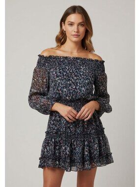 MUCHE MUCHETTE Off Shoulder Floral Tiered Mini Dress Navy Pink Women OS